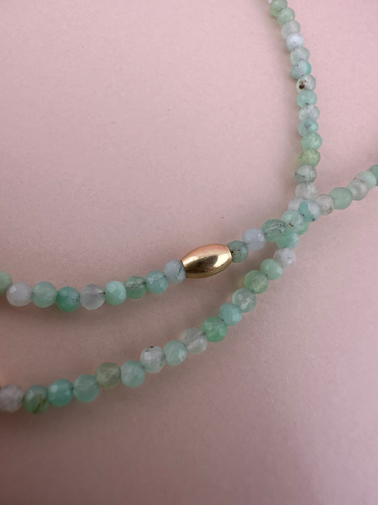 Asymmetrical Australian Chyrsoprase mini beaded necklace with 9ct Bolt clasp and oval bead