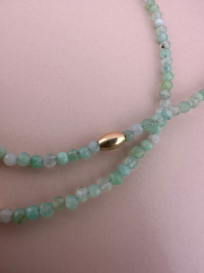 Asymmetrical Australian Chyrsoprase mini beaded necklace with 9ct Bolt clasp and oval bead