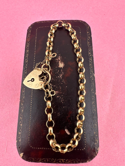 Vintage 9ct Rolo Belcher bracelet with heart padlock