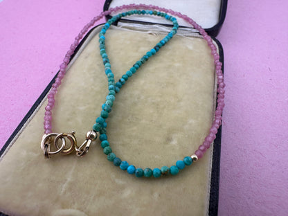 Blush & Tide- Pink Tourmaline and turquoise mini beaded necklace with 9ct gold antique bolt clasp