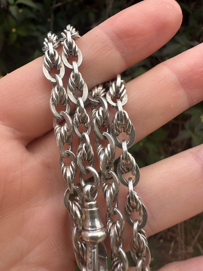 Sterling Silver Lovers Knot Albert chain, with T-bar, dogclip and shield fob.