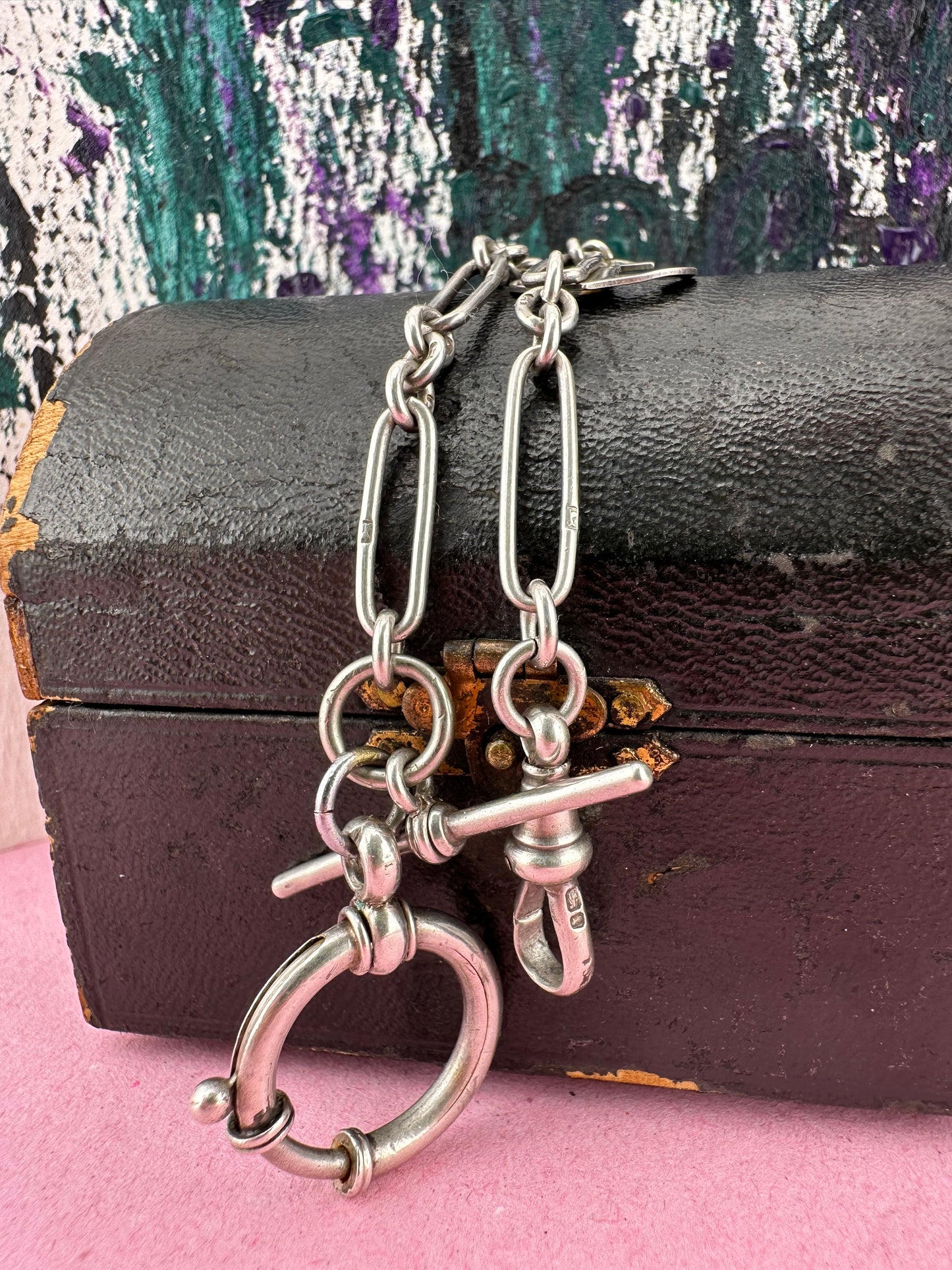 Antique Sterling Silver Trombone chain with XL bolt clasp and Dog clip