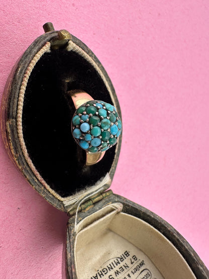 Antique 9ct Gold with silver setting Turquoise Bombe ring