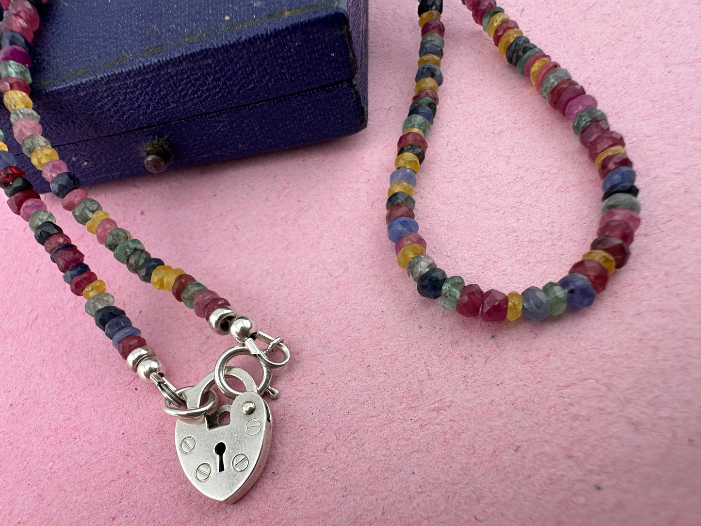 Rainbow- Mixed Gemstone Mini beaded necklace with Vintage Sterling Heart Padlock
