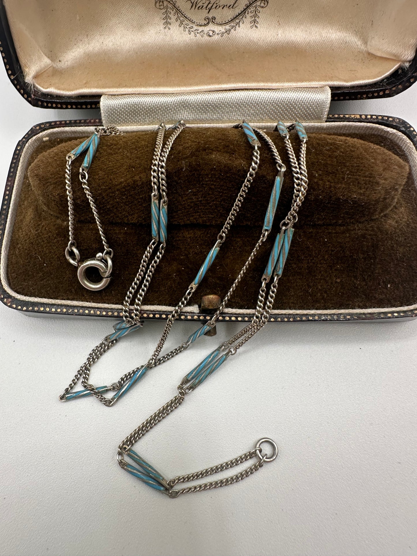 Art Deco 935 Silver and blue enamel bar station chain