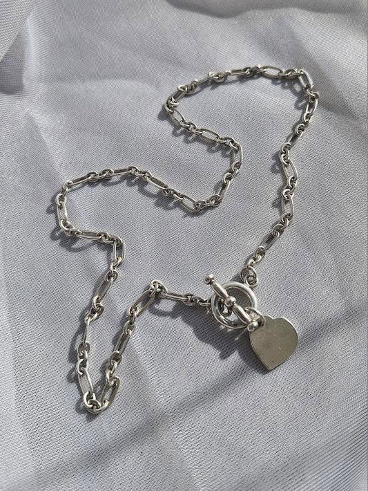 Vintage Sterling Silver Paperclip Toggle & heart chain, 19inches, 17g
