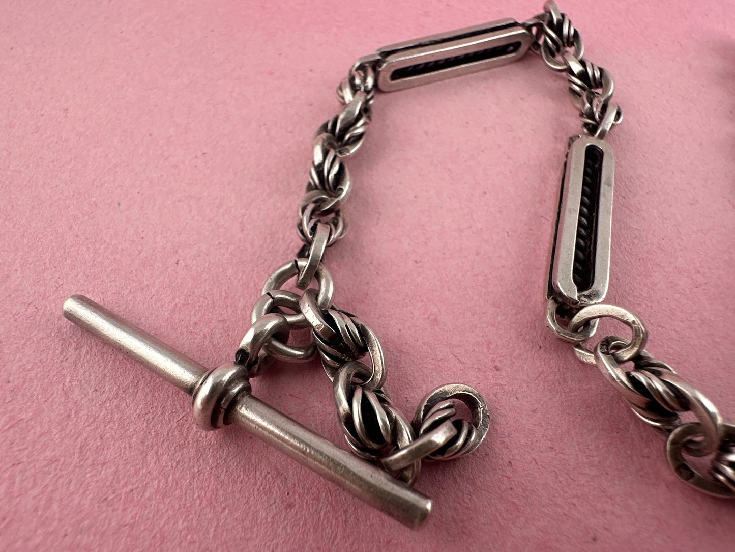 Antique Sterling Silver Bar and lovers knot Albert chain with T-bar and dog clip