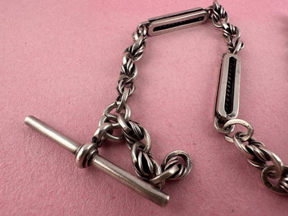Antique Sterling Silver Bar and lovers knot Albert chain with T-bar and dog clip