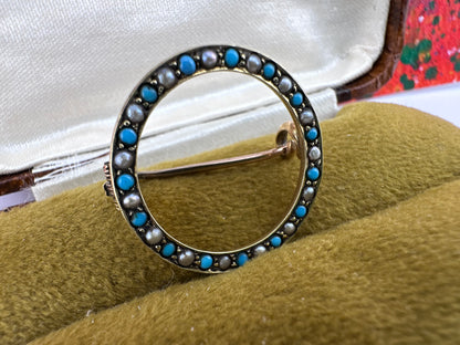 Antique 15ct Gold Turquoise and Pearl circle brooch