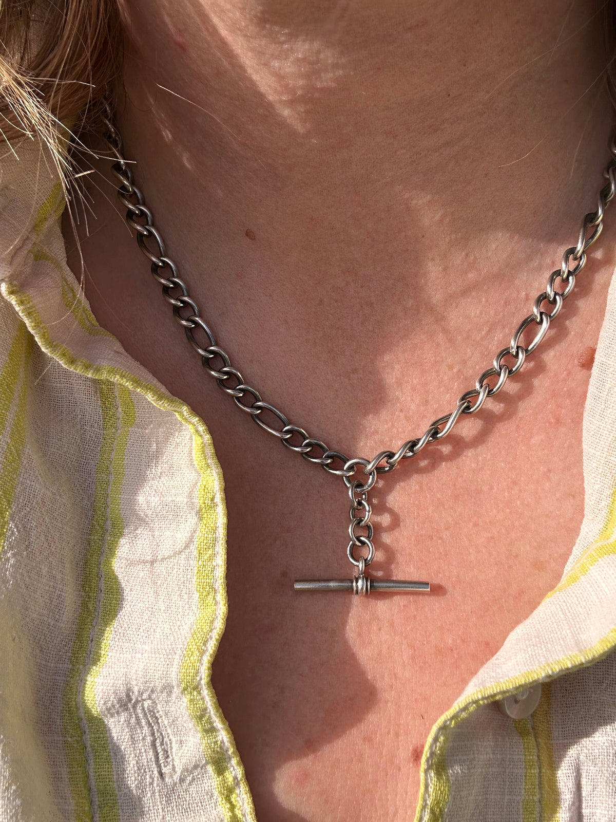 Vintage Sterling Silver Long & Short Curb Albert chain with T-bar & swivel dog clip.