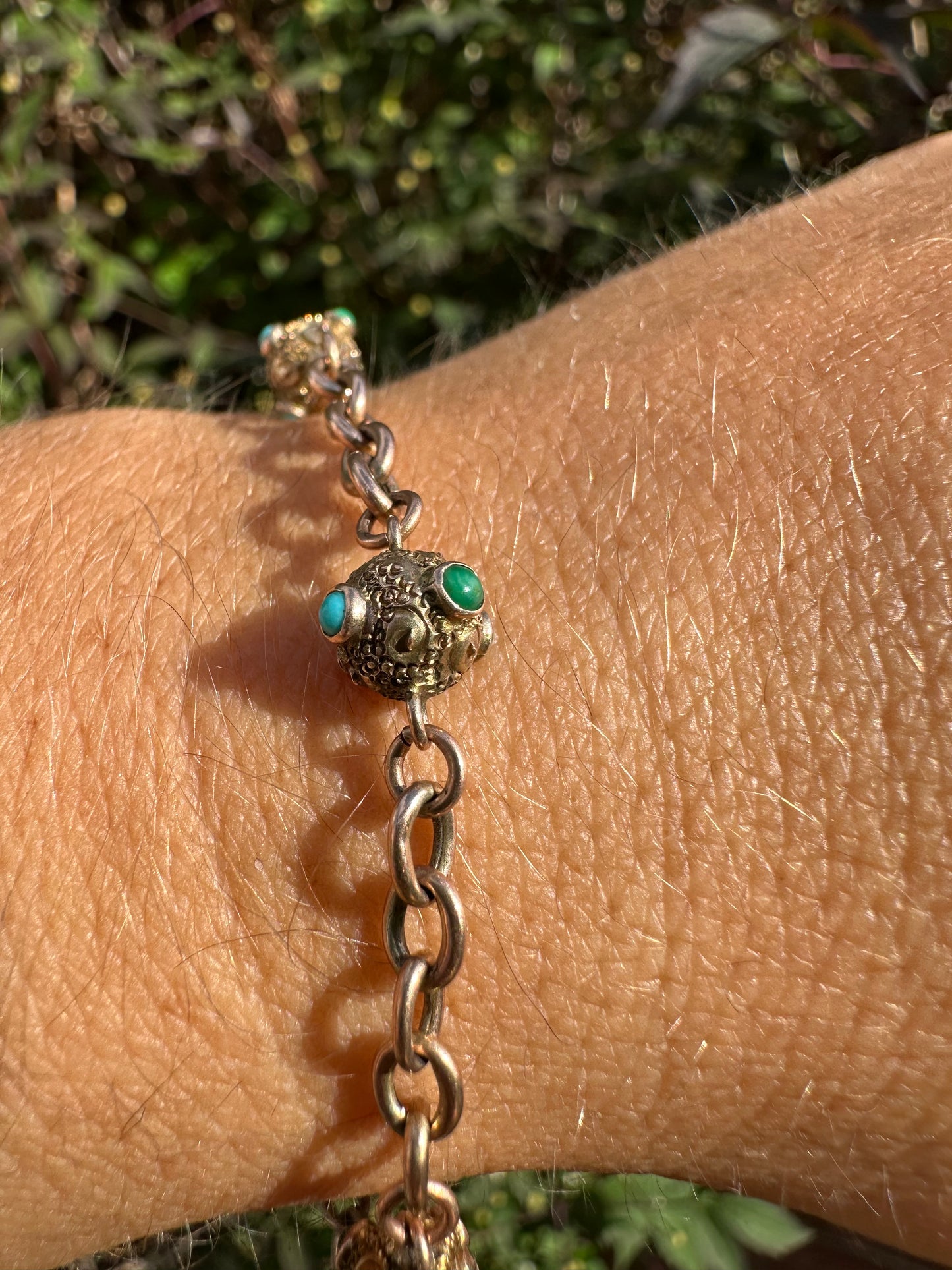 Antique 9ct Rose Gold Turquoise Orb and cable link bracelet with bolt clasp