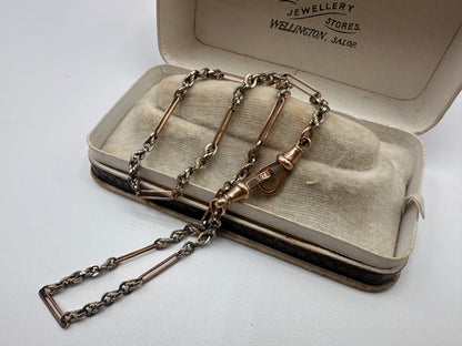 Antique 9ct Rose and White Gold Trombone and Lovers Knot chain