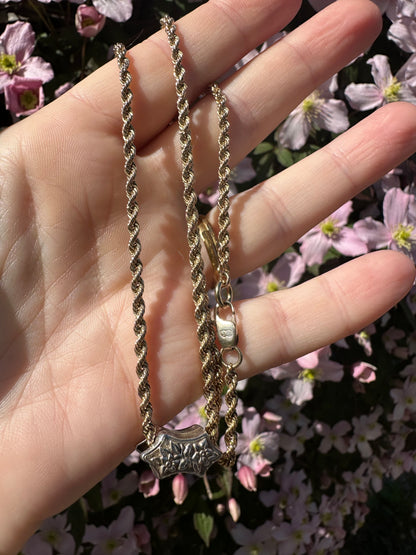 Vintage 9ct Gold Rope chain with Antique silver floral slider