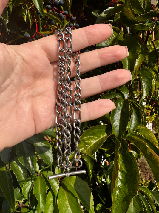 Vintage Sterling Silver Long & Short Curb Albert chain with T-bar & swivel dog clip.