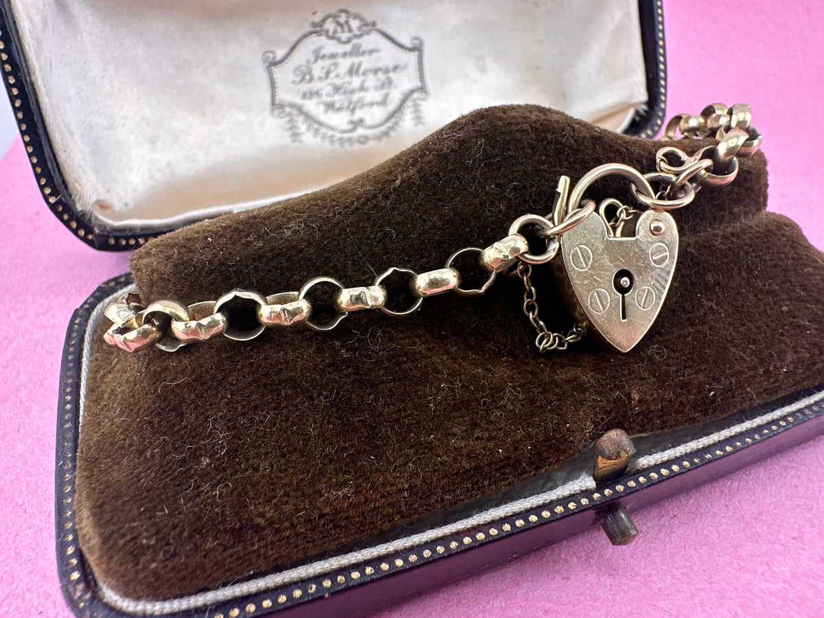 Vintage 9ct Rolo Belcher bracelet with heart padlock