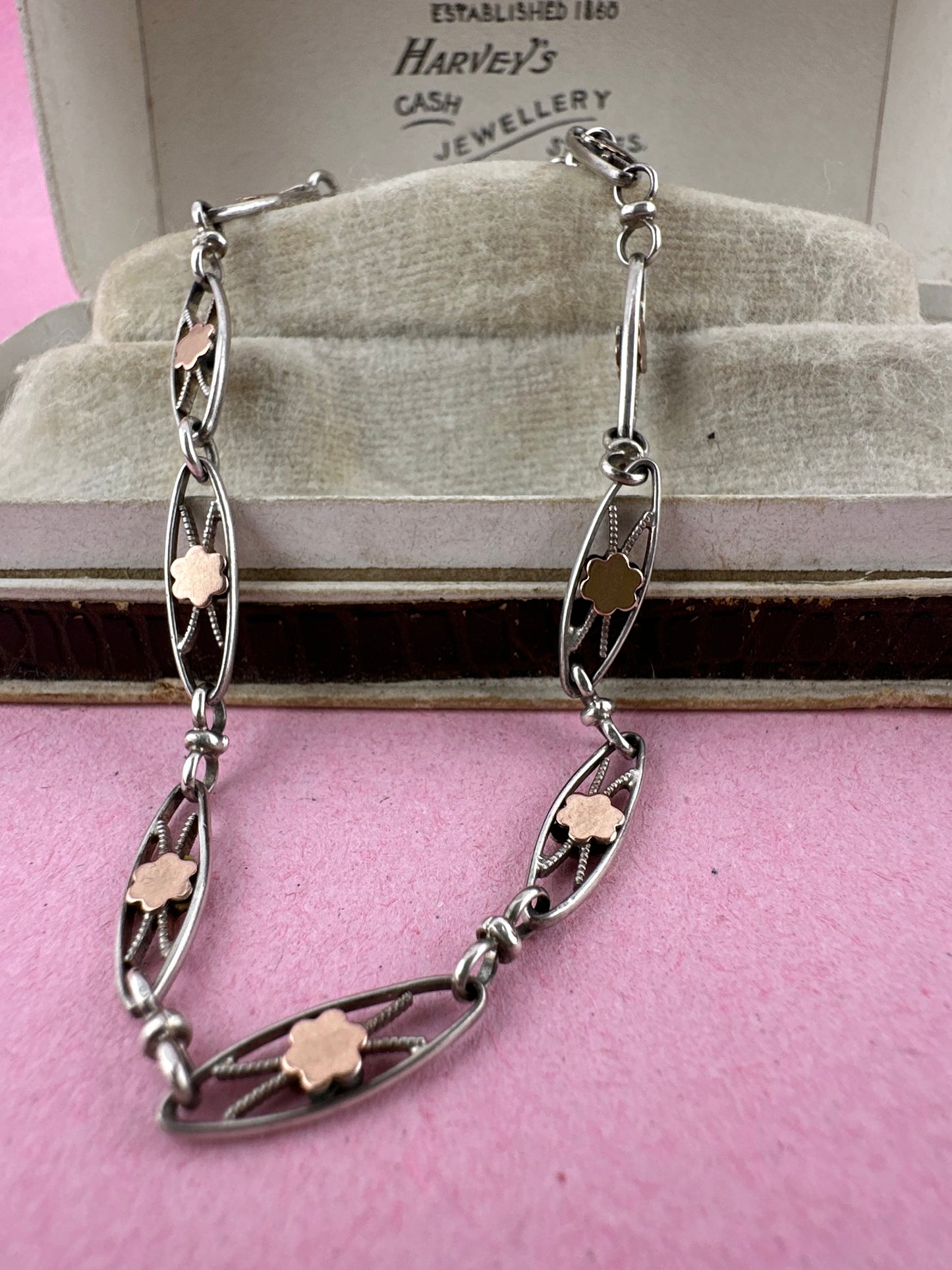 French 800 silver filigree bracelet with gold plated details.