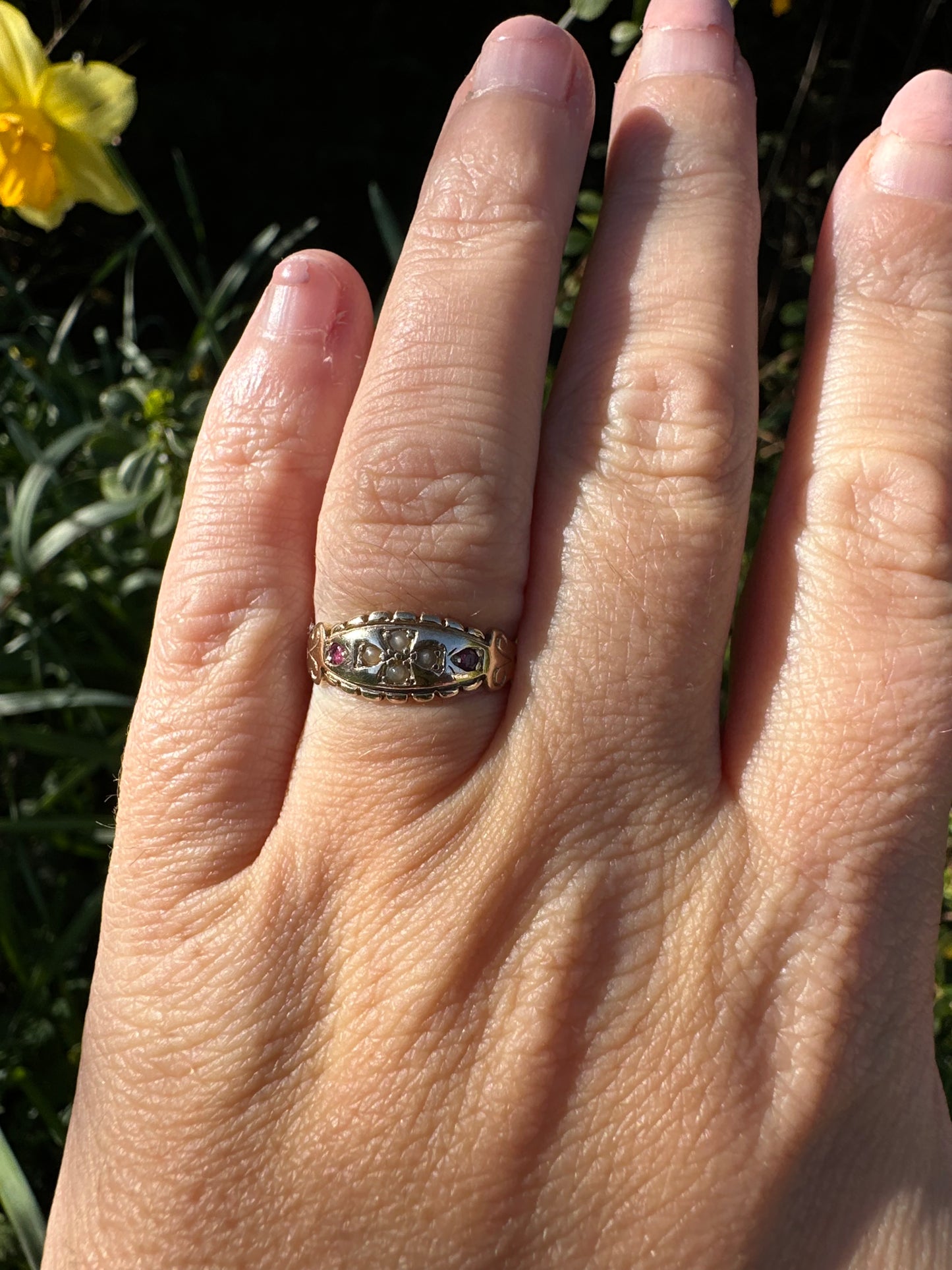 Victorian 9ct Gold Seed Pearl and Ruby Boat ring