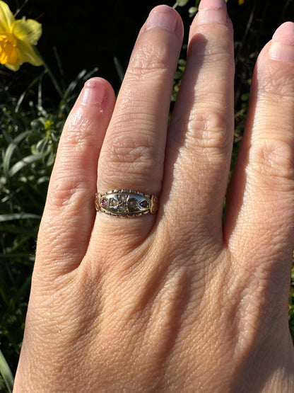 Victorian 9ct Gold Seed Pearl and Ruby Boat ring