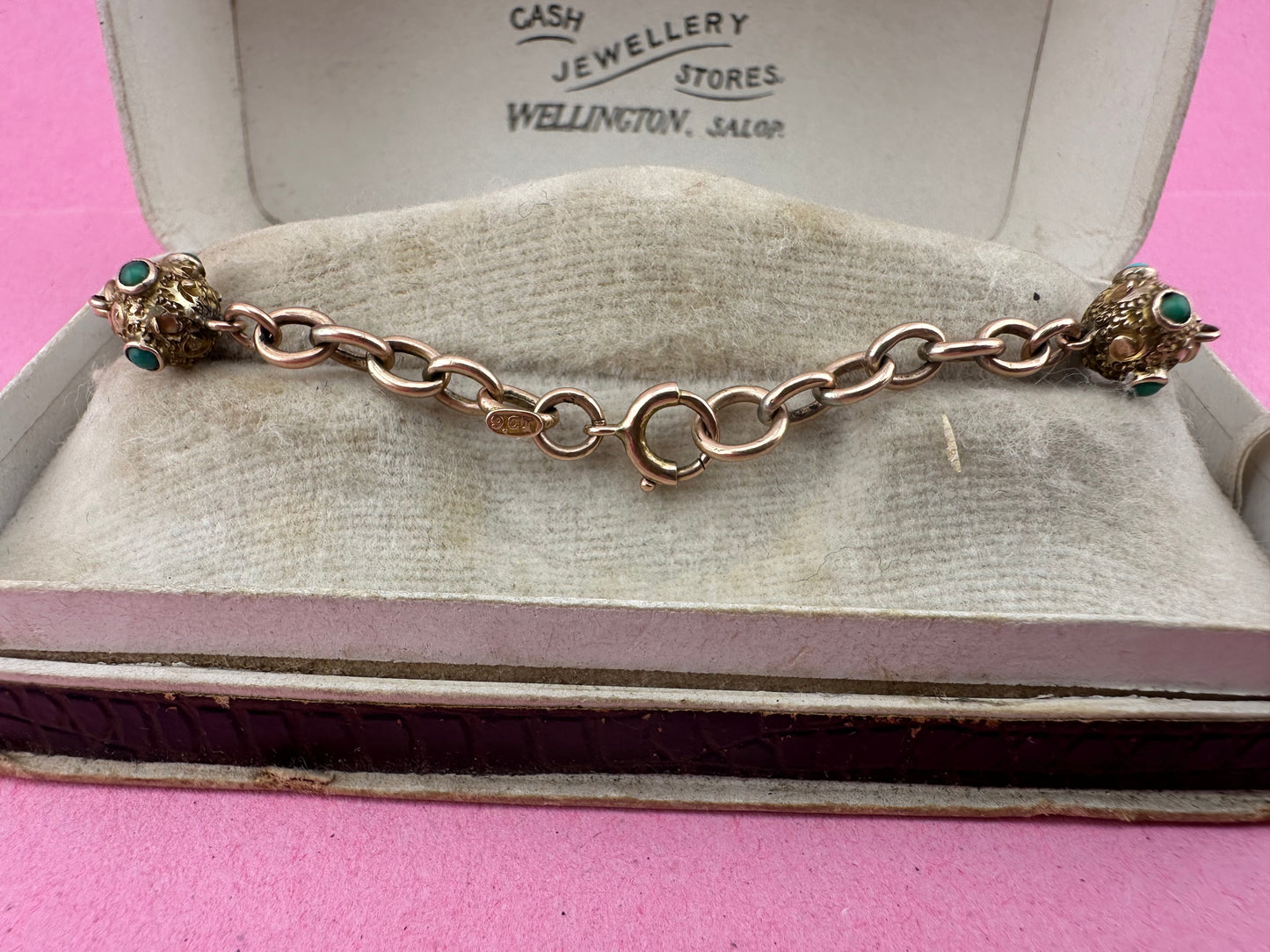 Antique 9ct Rose Gold Turquoise Orb and cable link bracelet with bolt clasp