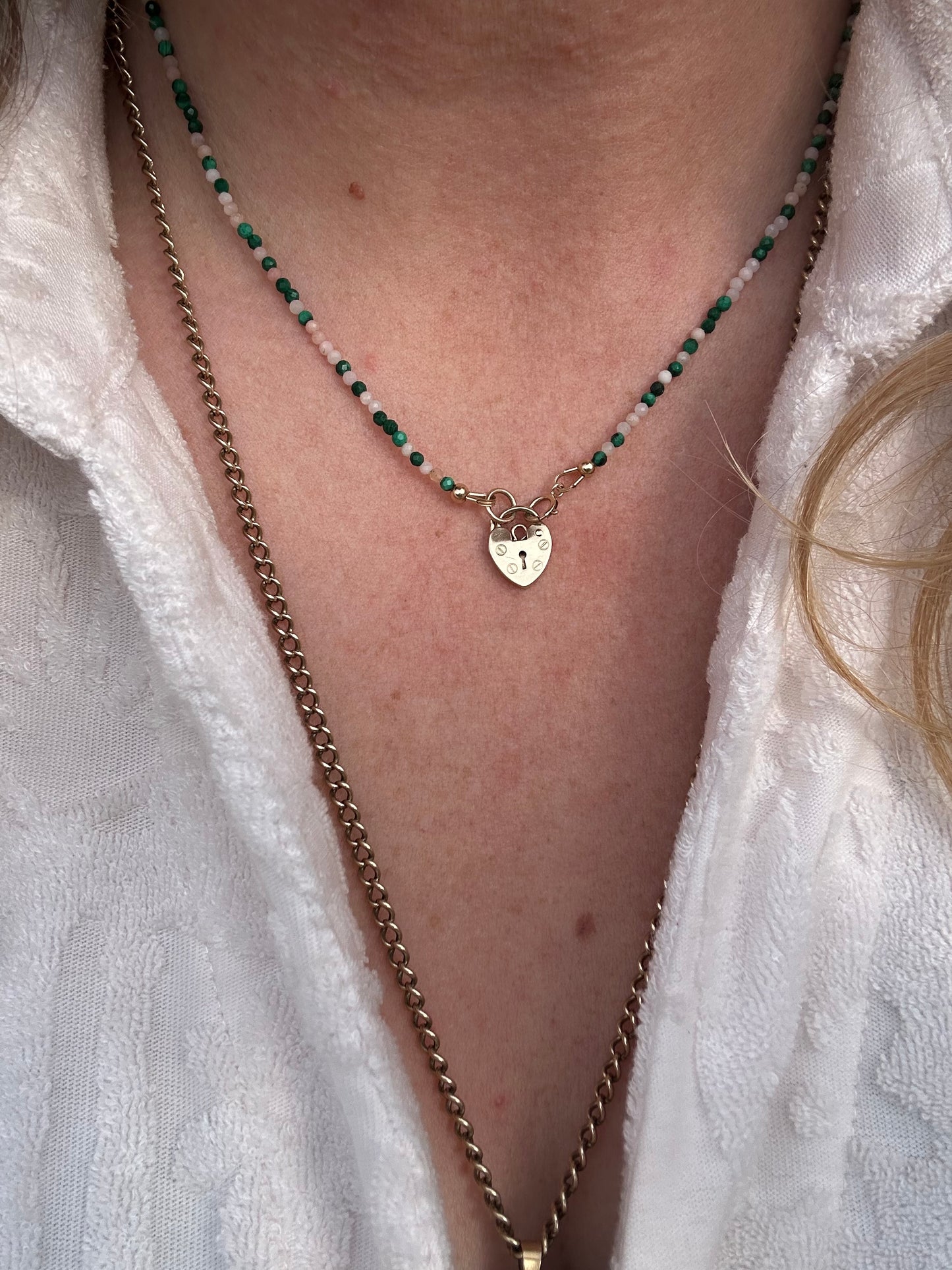 Peony- Pink Opal and Malachite mini bead necklace with vintage heart padlock