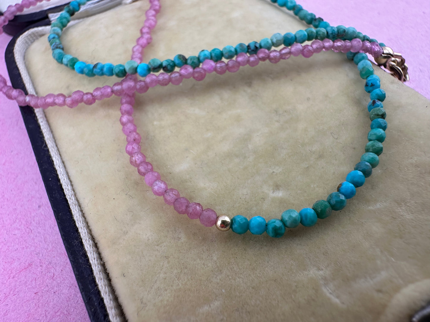 Blush & Tide- Pink Tourmaline and turquoise mini beaded necklace with 9ct gold antique bolt clasp