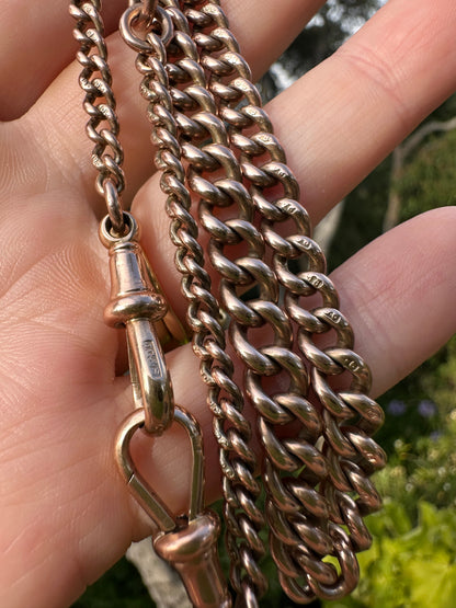 Antique 9ct Rose Gold Graduated curb Albert chain with double dog clips