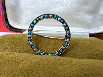 Antique 15ct Gold Turquoise and Pearl circle brooch