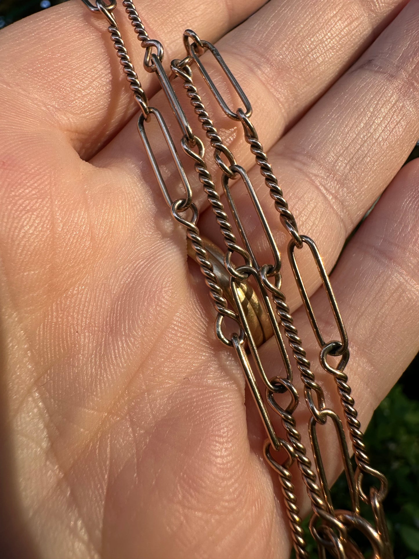 Antique 9ct Rose Gold Trombone and twist Albert chain with bolt clasp and T-bar