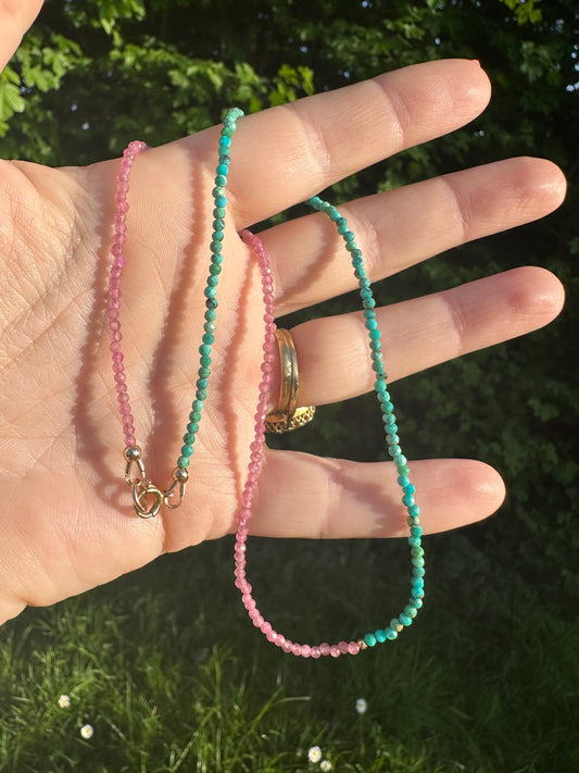 Blush & Tide- Pink Tourmaline and turquoise mini beaded necklace with 9ct gold antique bolt clasp