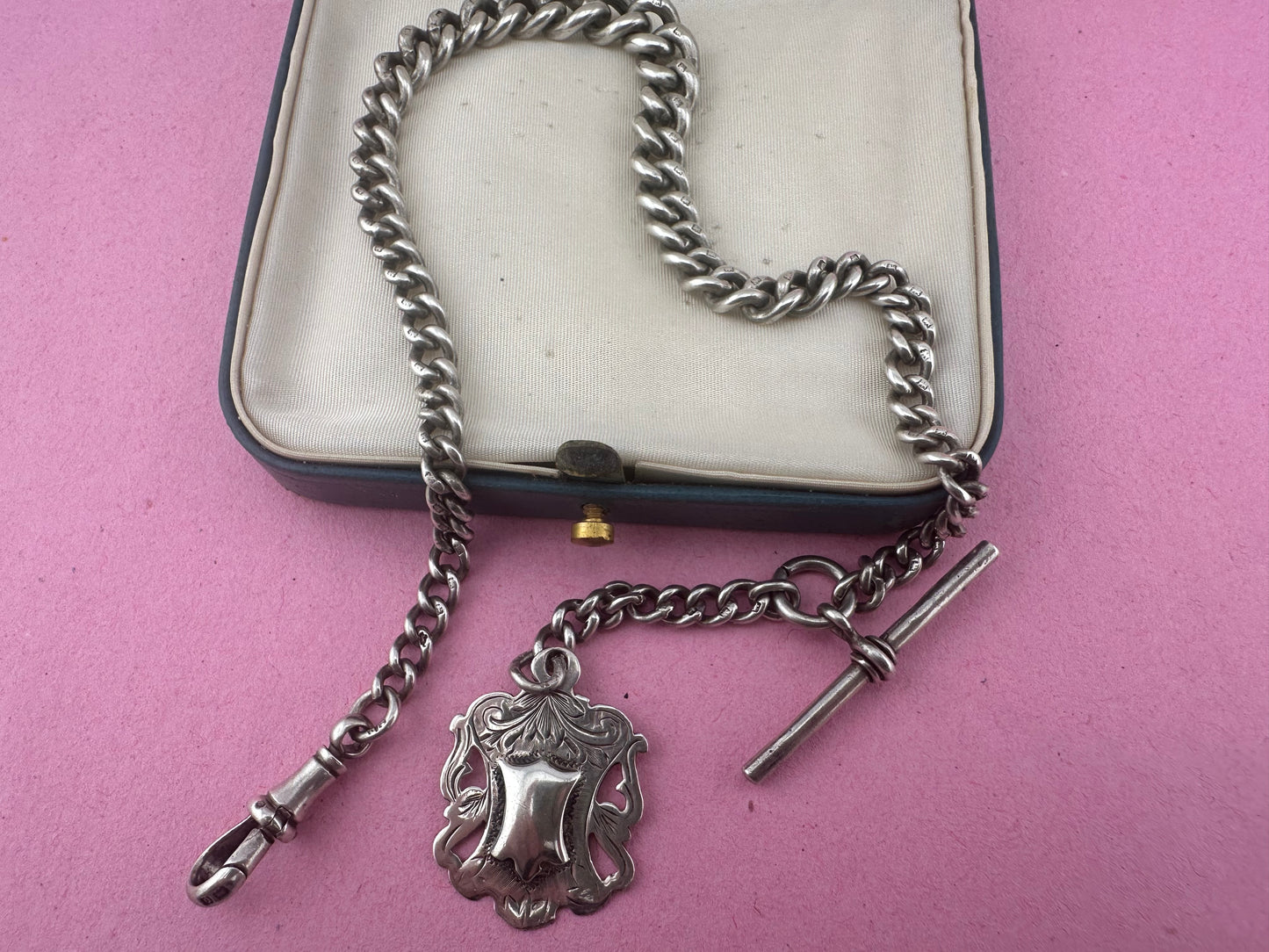 Sterling Silver Graduated Curb Albert with dog clip, fob and T-Bar