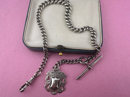 Sterling Silver Graduated Curb Albert with dog clip, fob and T-Bar