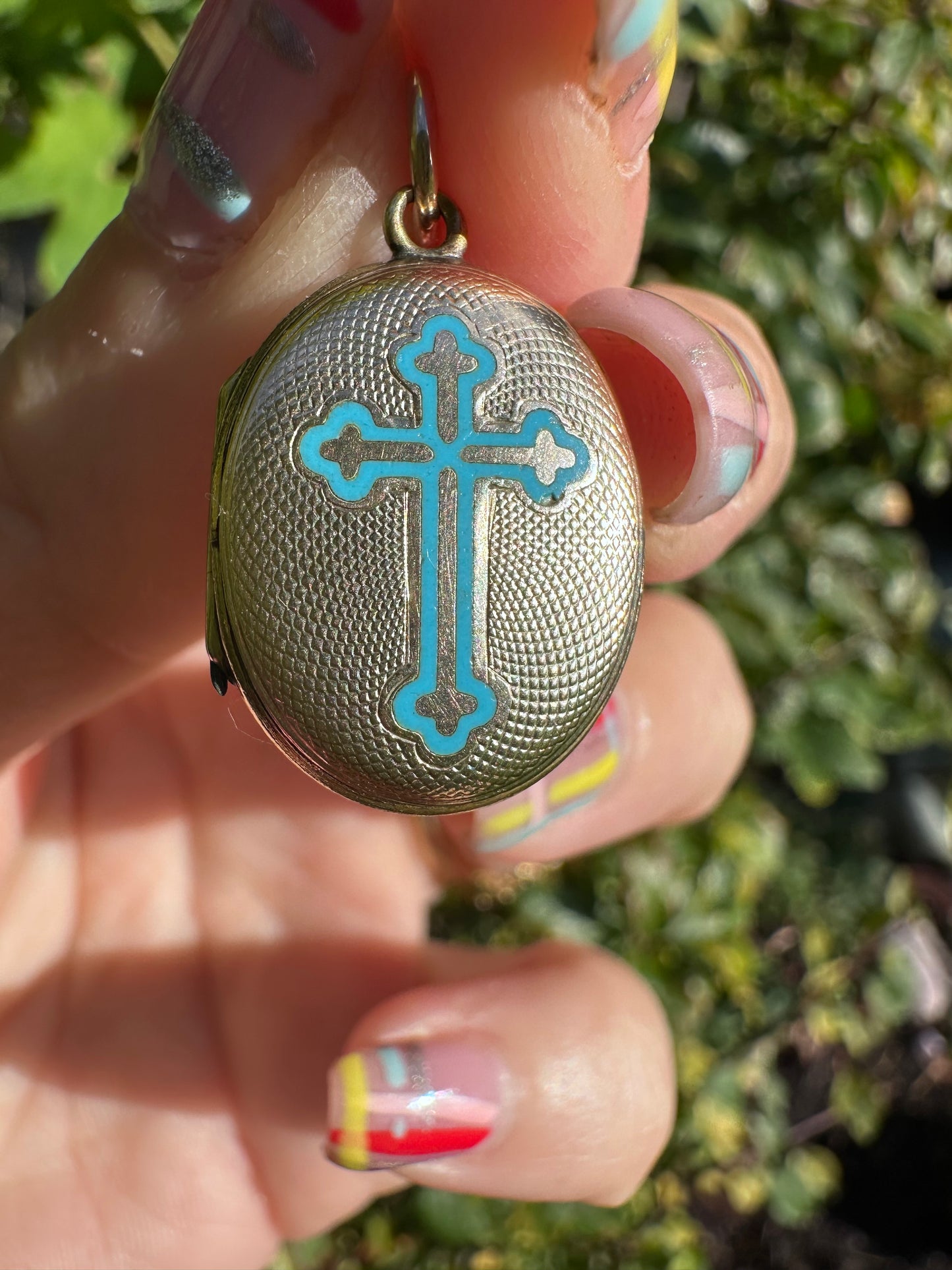 Antique 9ct Gold front and back Blue Enamel cross locket.