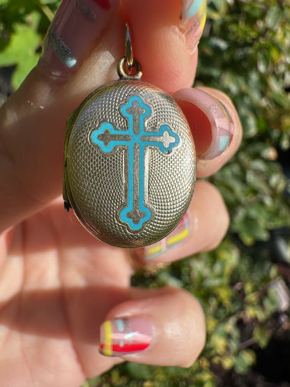 Antique 9ct Gold front and back Blue Enamel cross locket.