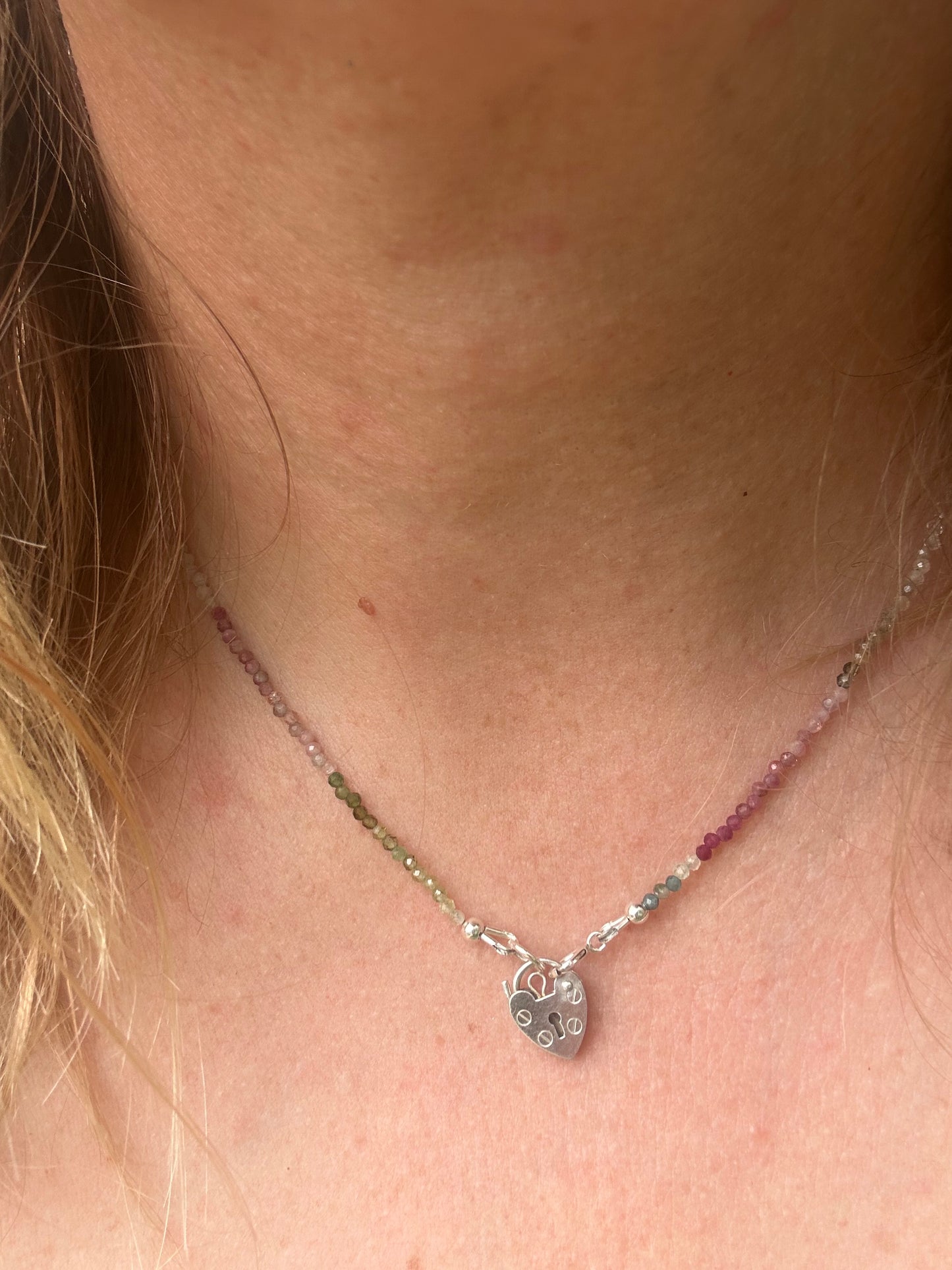 Ombré Tourmaline Mini Beaded necklace with Vintage Sterling Silver Heart Padlock