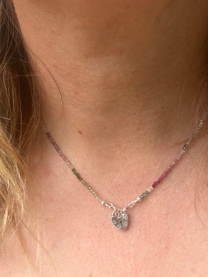 Ombré Tourmaline Mini Beaded necklace with Vintage Sterling Silver Heart Padlock