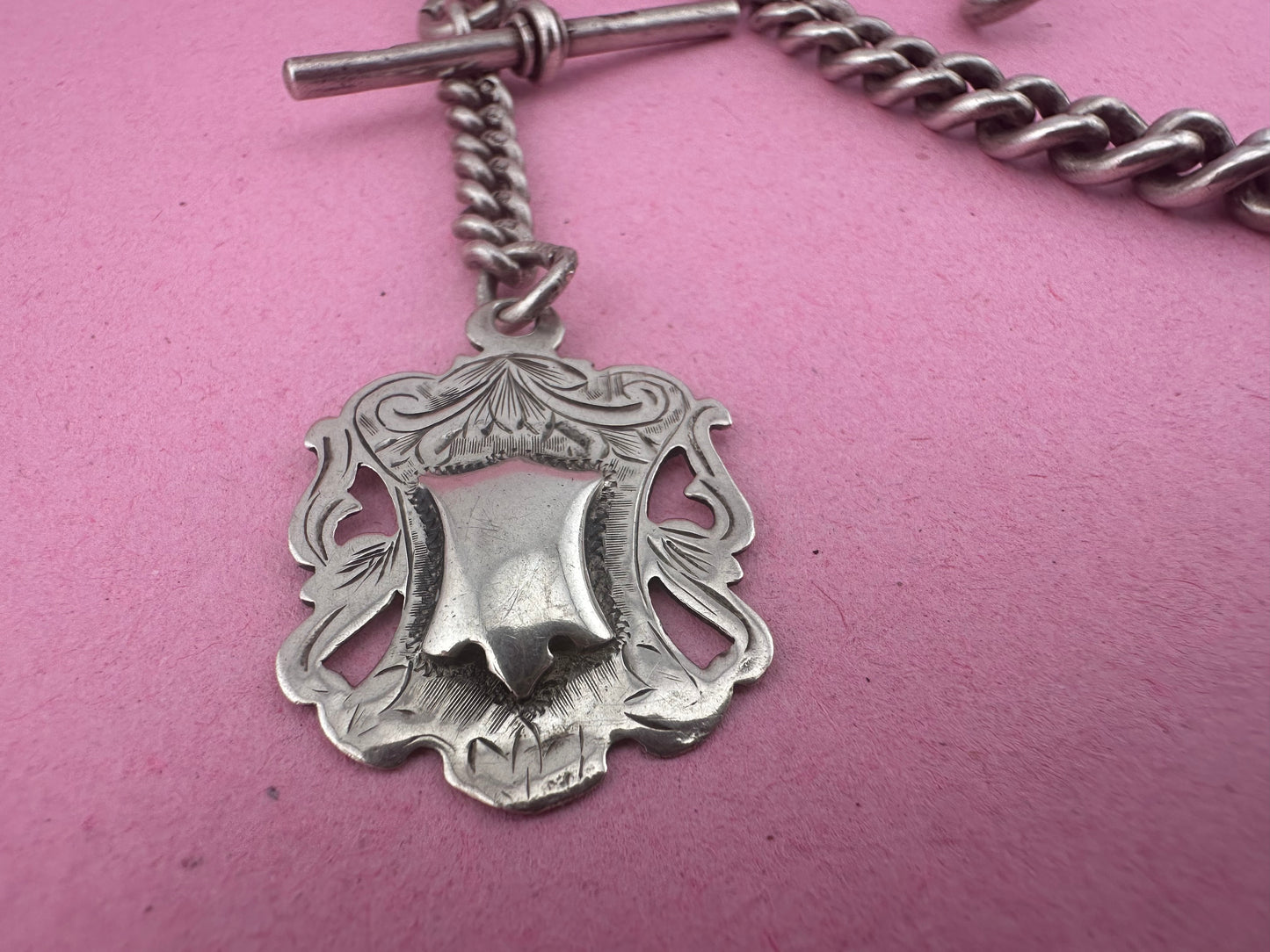 Sterling Silver Graduated Curb Albert with dog clip, fob and T-Bar