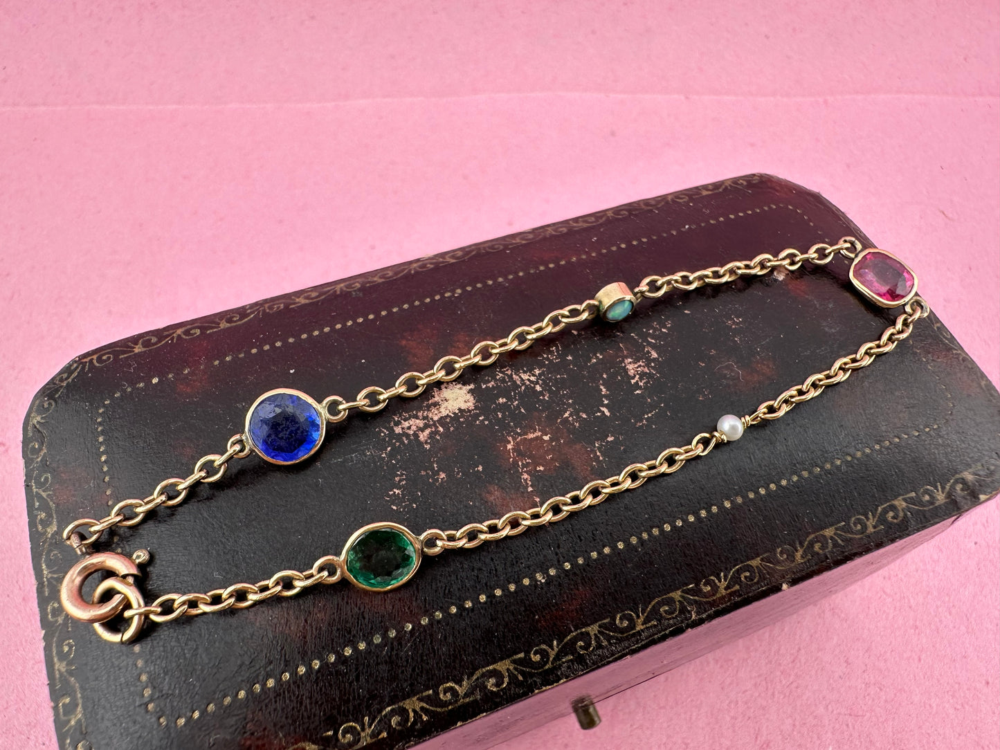 Antique 9ct Rose gold Gemstone Station bracelet