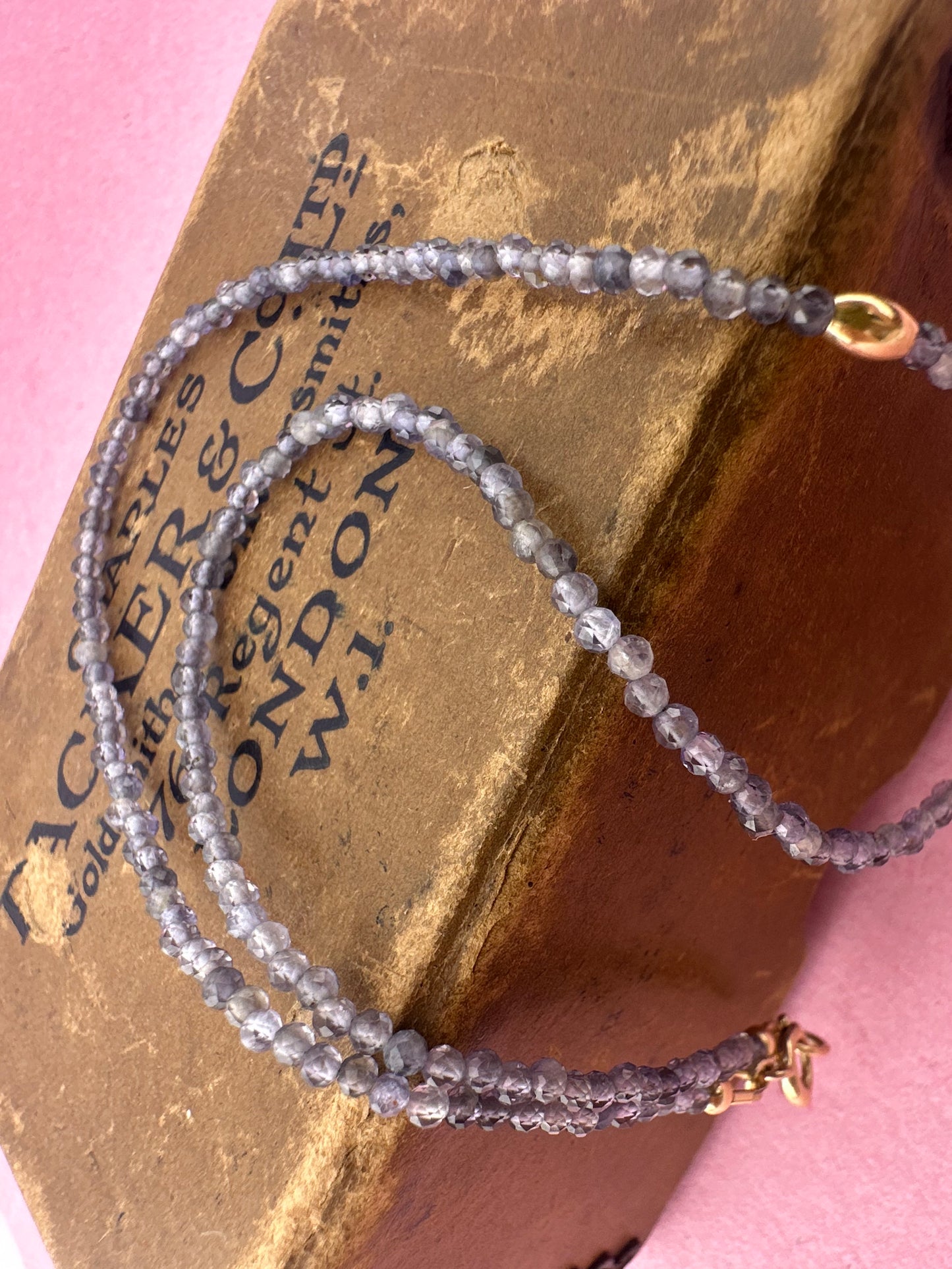 Iolite mini beaded necklace with 9ct Gold Antique Bolt clasp
