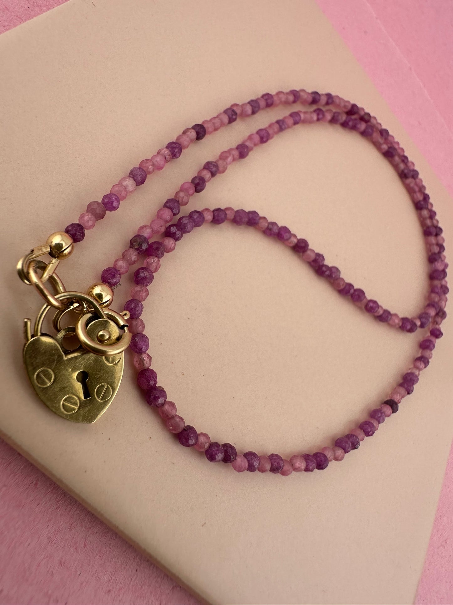 Ruby & Pink Tourmaline mix Mini beads with vintage 9ct Gold heart padlock