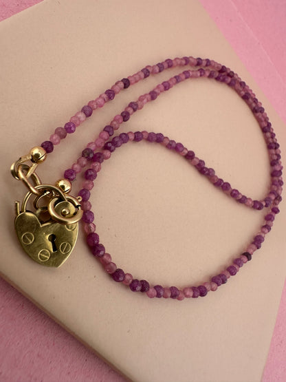 Ruby & Pink Tourmaline mix Mini beads with vintage 9ct Gold heart padlock