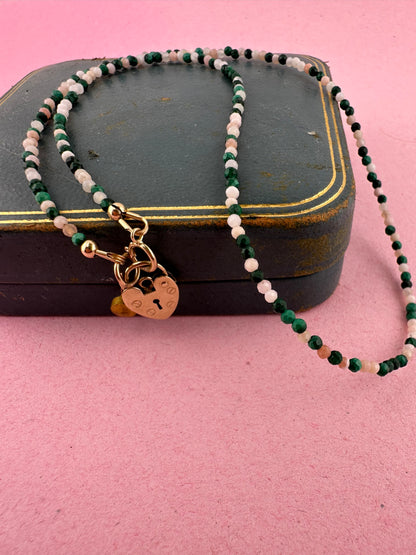 Peony- Pink Opal and Malachite mini bead necklace with vintage heart padlock