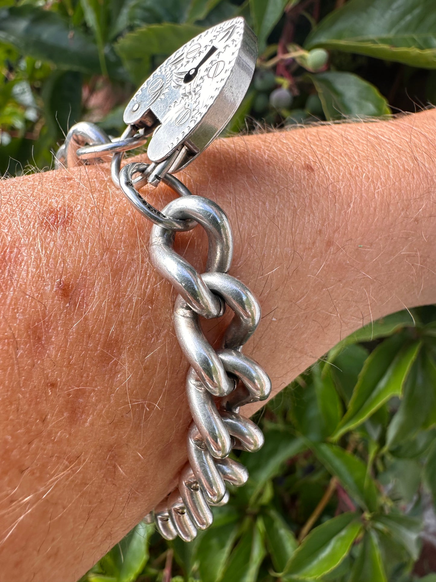 Sterling Silver Chunky curb bracelet with XL engraved heart padlock