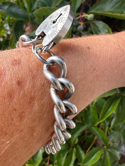 Sterling Silver Chunky curb bracelet with XL engraved heart padlock