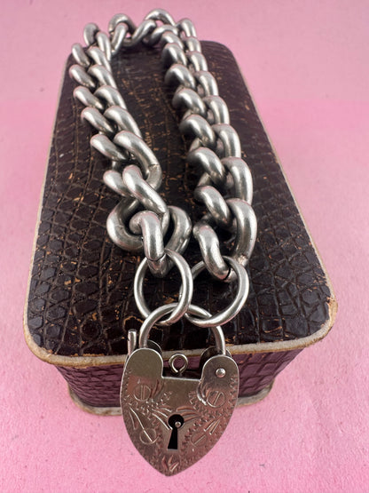 Sterling Silver Chunky curb bracelet with XL engraved heart padlock