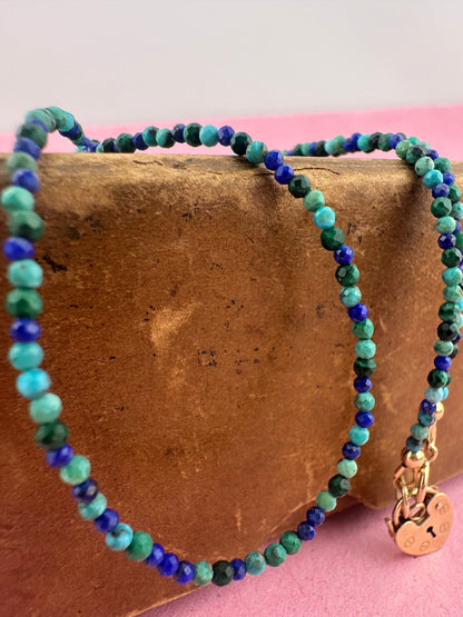 Turquoise, Malachite & Lapis Lazuli Mini beads with vintage 9ct Gold Heart padlock