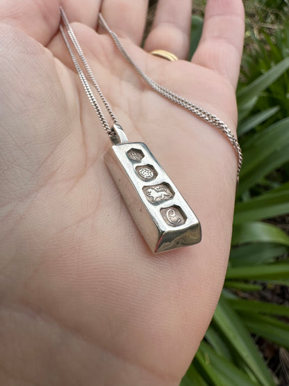 Sterling Silver ingot pendant with sterling silver curb chain