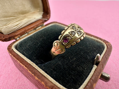 Victorian 9ct Gold Seed Pearl and Ruby Boat ring