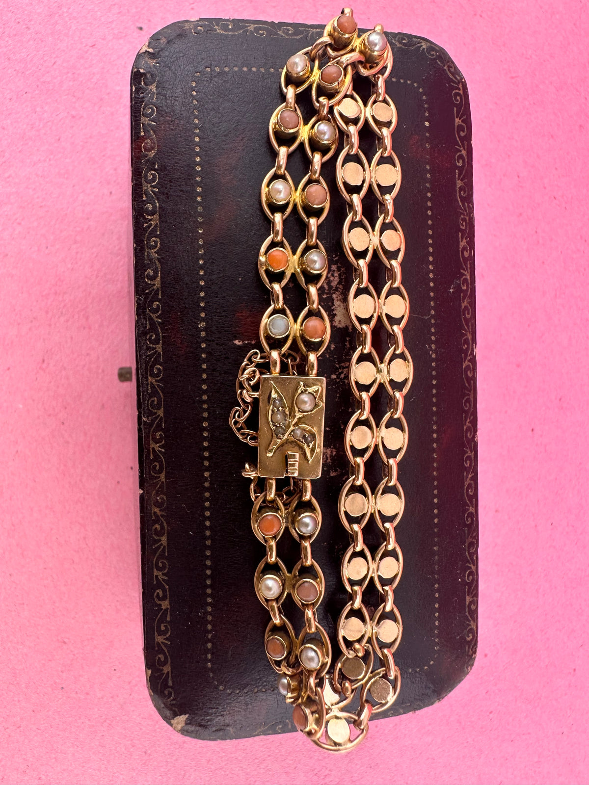 Antique 15ct Gold Coral and Pearl bracelet with stunning barrel clasp