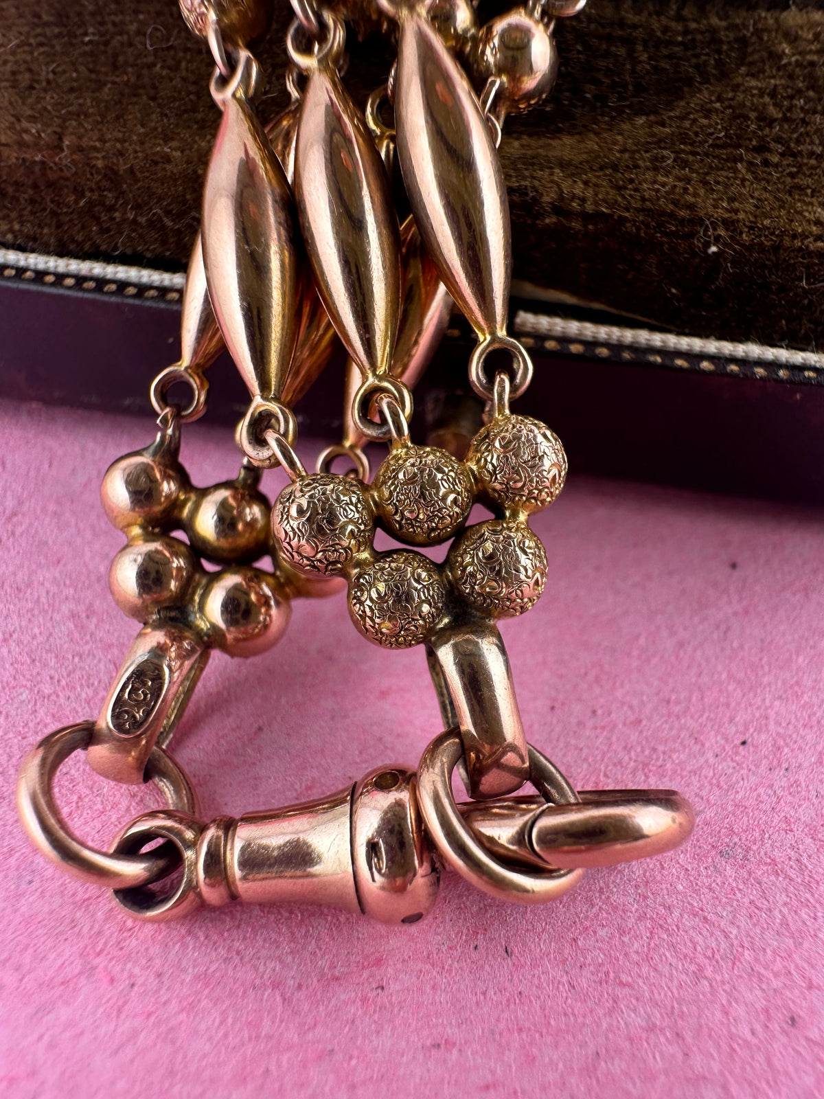 Antique 9ct Rose Gold Bead Gare bracelet with dog clip