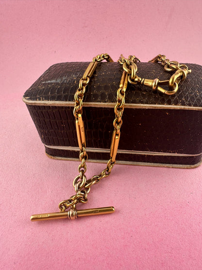 Antique 9ct Yellow Gold Trombone & Lovers Knot Albert chain with double dog clips